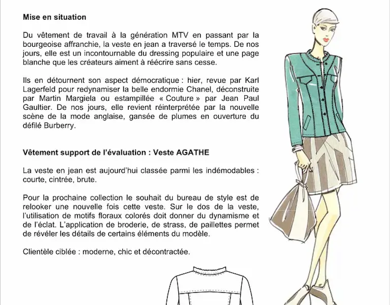 Fiche "Veste Agathe" : texte de mise en situation sur la veste en jean et illustration d’une femme portant une veste en denim turquoise, jupe et sac.