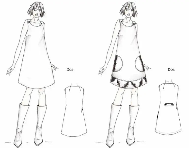 Croquis technique d’une robe trapèze à bretelles boutonnées, vues devant/dos, avec variante décorée (poches arrondies et empiècements contrastés).