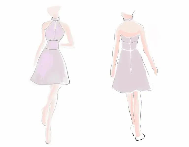 Illustration mode d’une robe courte évasée lilas à col halter, présentée de face et de dos.