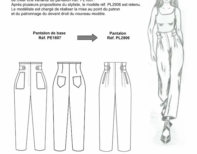 Schéma de transformation de pantalon : du modèle de base PE1607 au modèle PL2906, avec dessins techniques et silhouette portant un pantalon large.