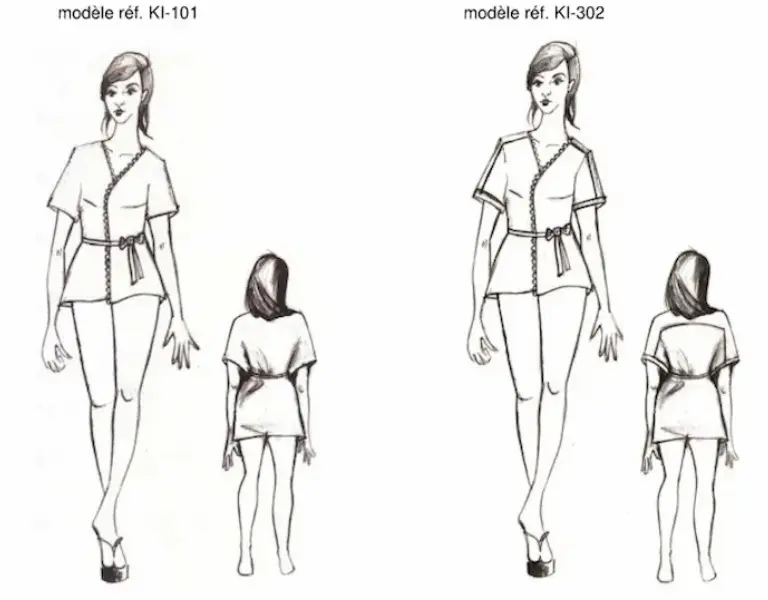 Croquis de deux tuniques kimono ceinturées, modèles KI-101 et KI-302, avec vues devant et dos.