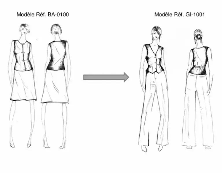 Transformation de tenue : modèle BA-0100 (gilet et jupe) vers modèle GI-1001 (gilet et pantalon), vues devant et dos.