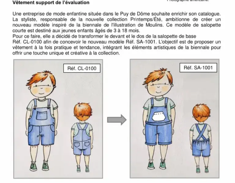 Brief vêtement enfant : transformation de salopette courte CL-0100 en SA-1001, avec dessins d’un enfant de face/dos et flèche.